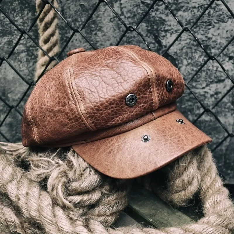 Британская мужская шапка из овчины с двигателем восьмиугольная натуральной кожи