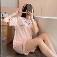 2021 summer womens pajamas short sleeve v neck cotton nightwear pure color letter shorts sweet lovely home suit thin sleepwear