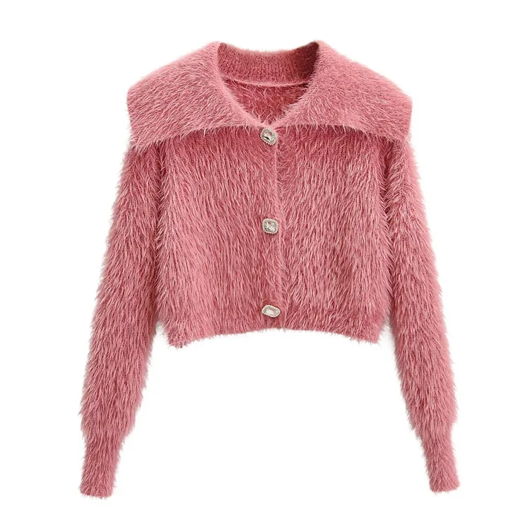 

Winter Sweater Women Turn-down Collar Short Cardigan Casual Simple Solid Long Sleeve Crop Sweater Streetwear Tops Female