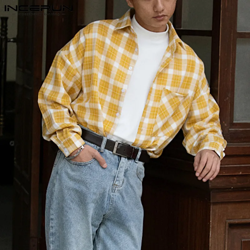 

Рубашка INCERUN мужская клетчатая с отложным воротником, повседневная в клетку, с длинными рукавами, на пуговицах, с карманами, в Корейском стил...