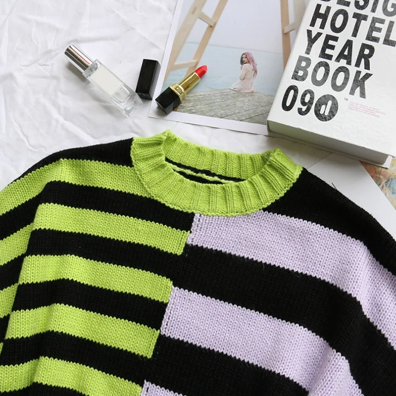 

Casual Stripe Colorblock Knitted Long Sleeve Autumn Sweater Women Preppy Style Jumpers Winter Fashion Knitwear