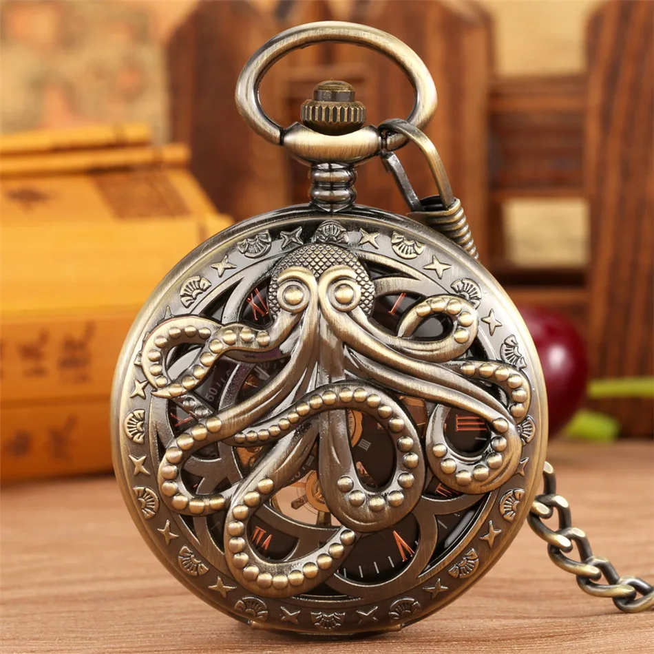 

Octopus Pattern Mechanical Hand-Winding Pocket Watch Rose Gold Roman Numerals Dial Transparent Skeleton Manual Pendant Clock