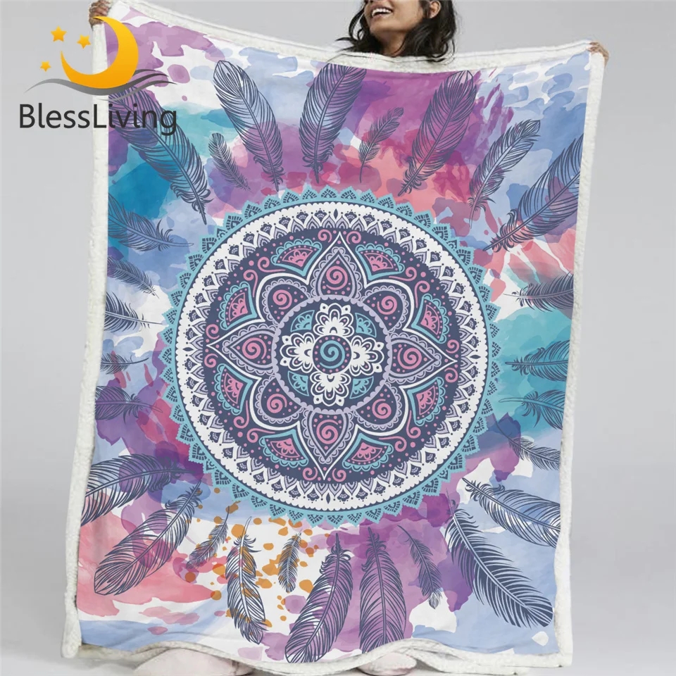 

BlessLiving Watercolor Mandala Blanket Hippie Feathers Sherpa Flannel Fleece Reversible Blankets Bed Couch Fluffy Bedding