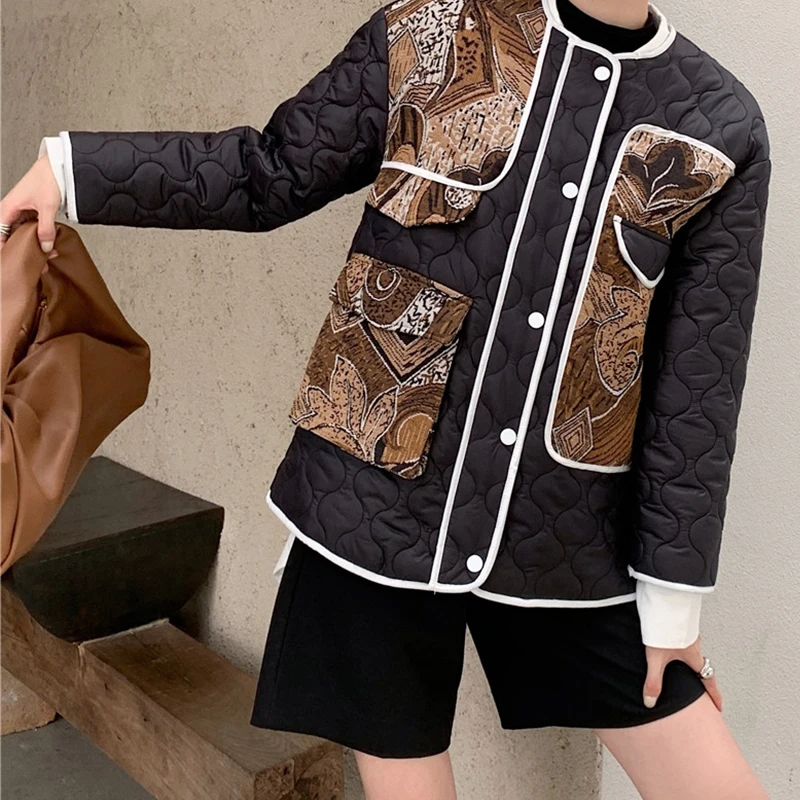 

Winter Thin Down Jacket Women Vintage Print Single Breasted Black Parkas Lady Cotton Padded Female Casual Oversized Warm Coat