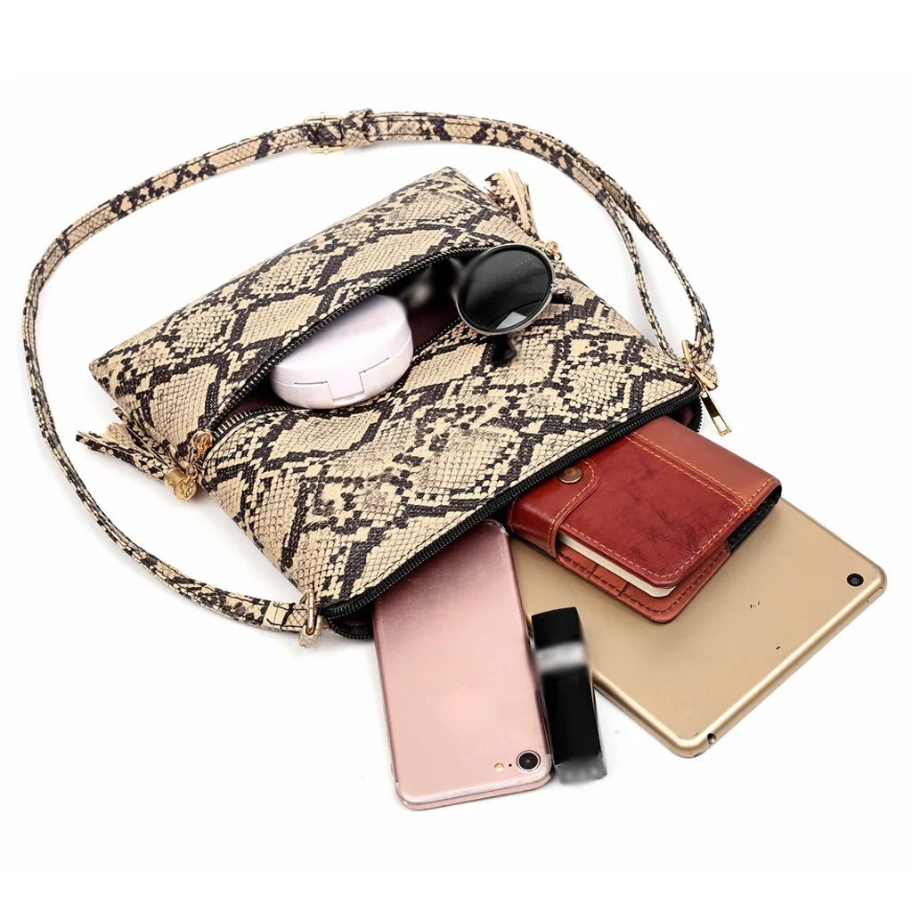 Fashion Women Tassel Snake Printing Zipper Messenger Bag Handbag Shoulder Bag Elegant Small Square Bags#YJ