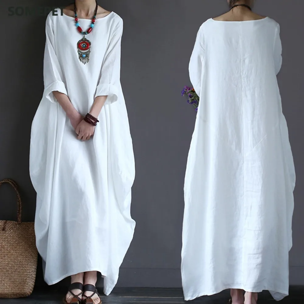 

Womens Maxi Dress Summer O Neck Long Sleeve Spring Cotton Linen Gown Robe Dresses Plus Size Large Size Dresses