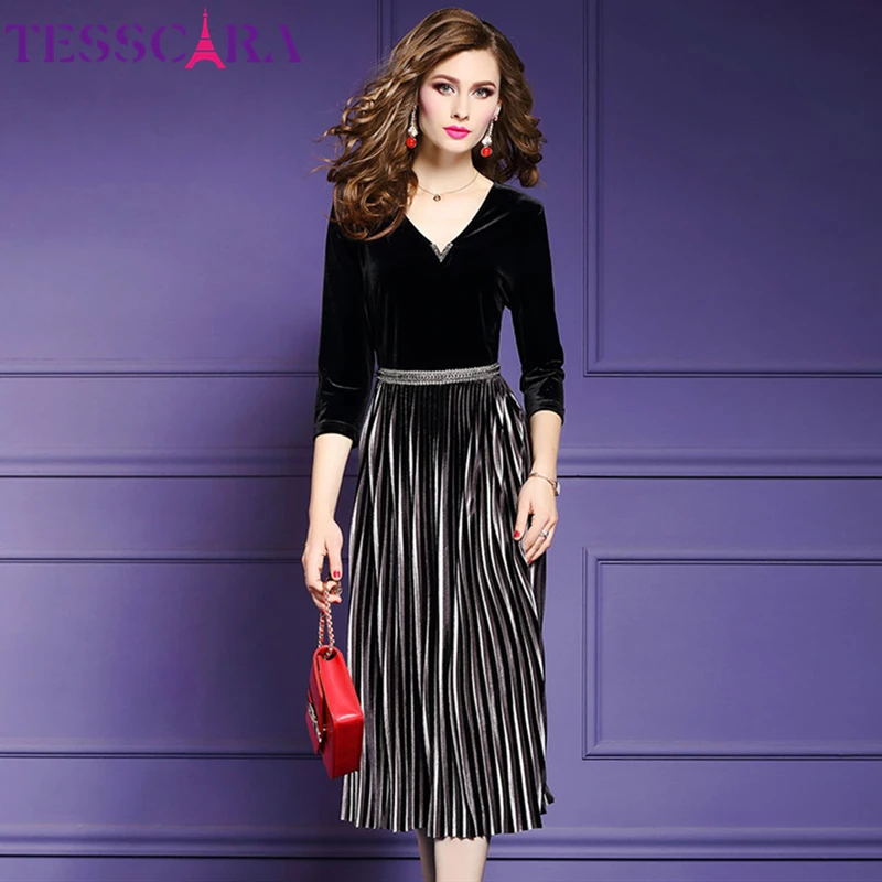 TESSCARA женское элегантное бархатное платье с бисером праздвечерние