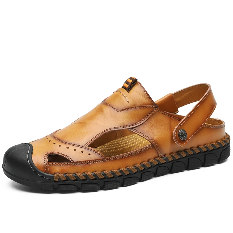 Мужские сандалии из сплит кожи без шнуровки с ремешком на щиколотке легкие