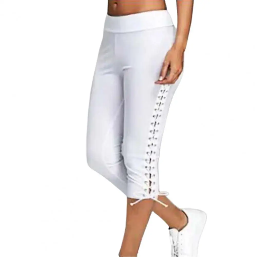 

Summer Women Solid Color High Waist Cropped Slim Trousers Drawstring Bandage Skinny Leggings Capri Pants Yoga Short Pants