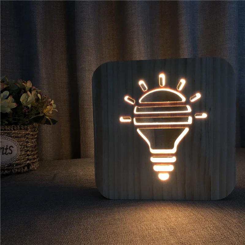 Bulb Shape Table Lamp 3D Wooden Night Light Creative KT-C Christmas Lights Led Holiday Decorations for Home