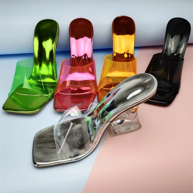 2022 Summer New Women Slippers Sexy Fashion Square Head Transparent PVC Crystal Heel Nightclub Party Shoes High Heels Shoes