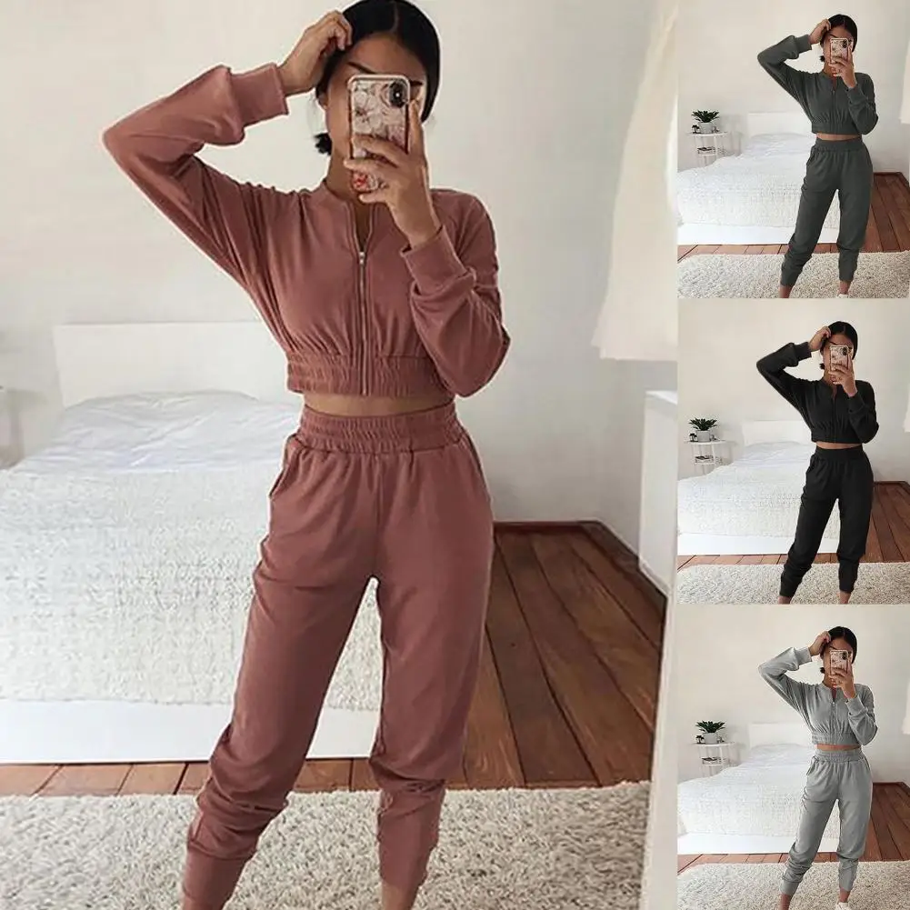 

HOT SALES!!! Leisure Suit Zipper Long Sleeve Two Piece Set Short Top Long Pants Sport Suit for Spring