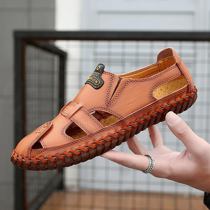 Мужские сандалии Уличные повседневные из натуральной кожи летние с закрытым