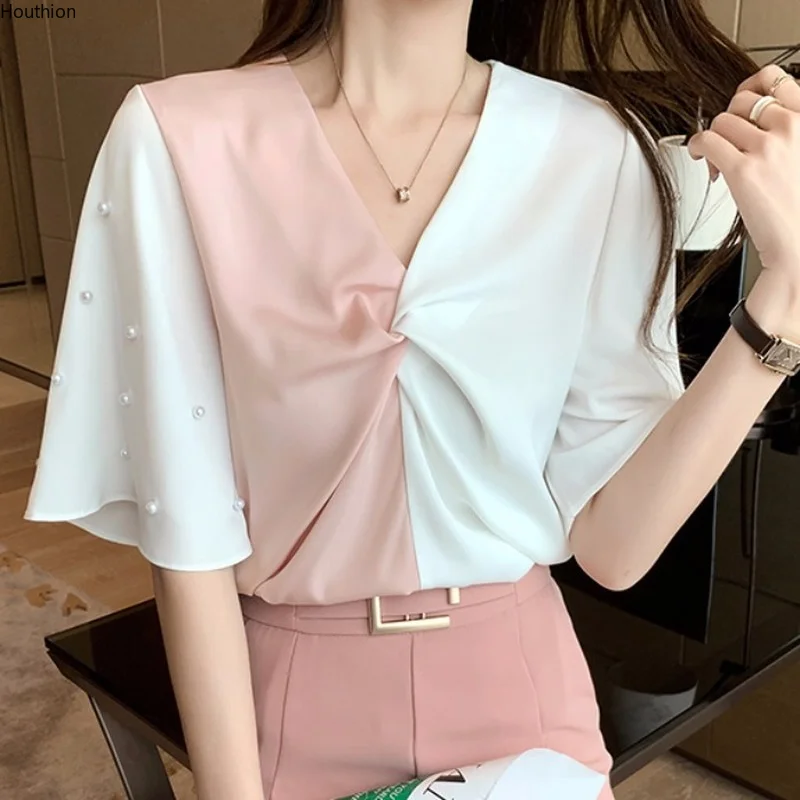 

Houthion Women's Blouse Chiffon Top Korean Casual Fashion New Pure Color Stitching Ship Immediately Short Sleeve V-neck Shirt