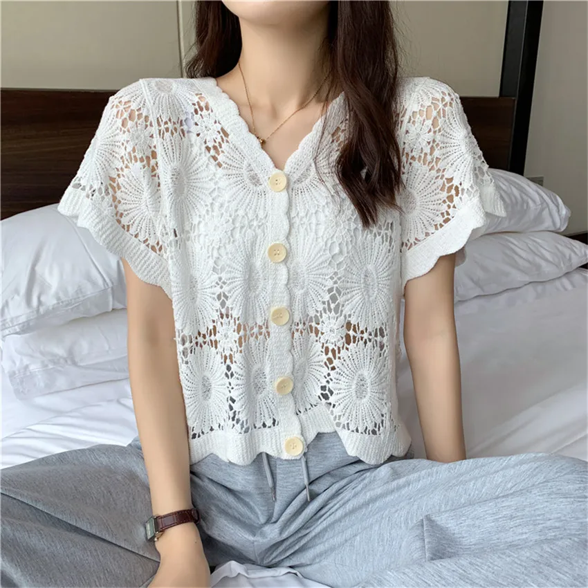 Летние пляжные Топы в стиле бохо, однобортная элегантная кружевная блузка с коротким рукавом, женская рубашка в Корейском стиле, женская мода