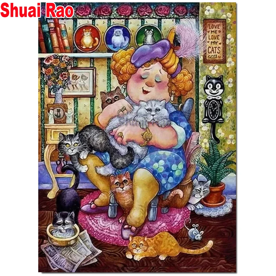 Полноразмерная/круглая Алмазная мозаика с изображением толстых леди и кошек 5 d