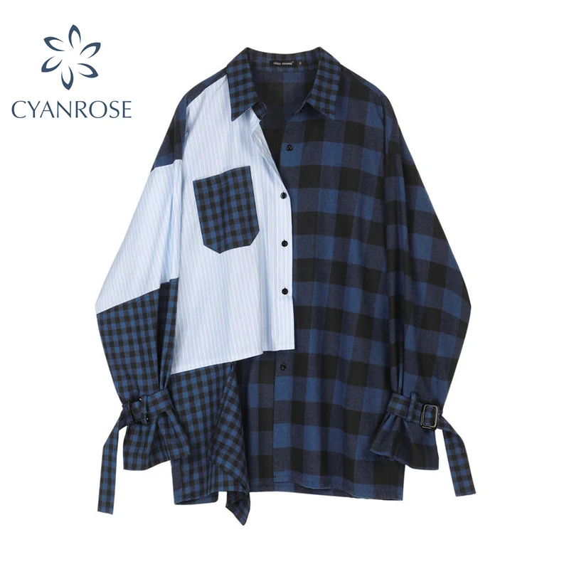 

Fashion Streetwear Patchwork Plaid Women Short Sleeve 2021 Autumn Design Blouse Irregular Harajuku Loose Casual Female Shirt Top