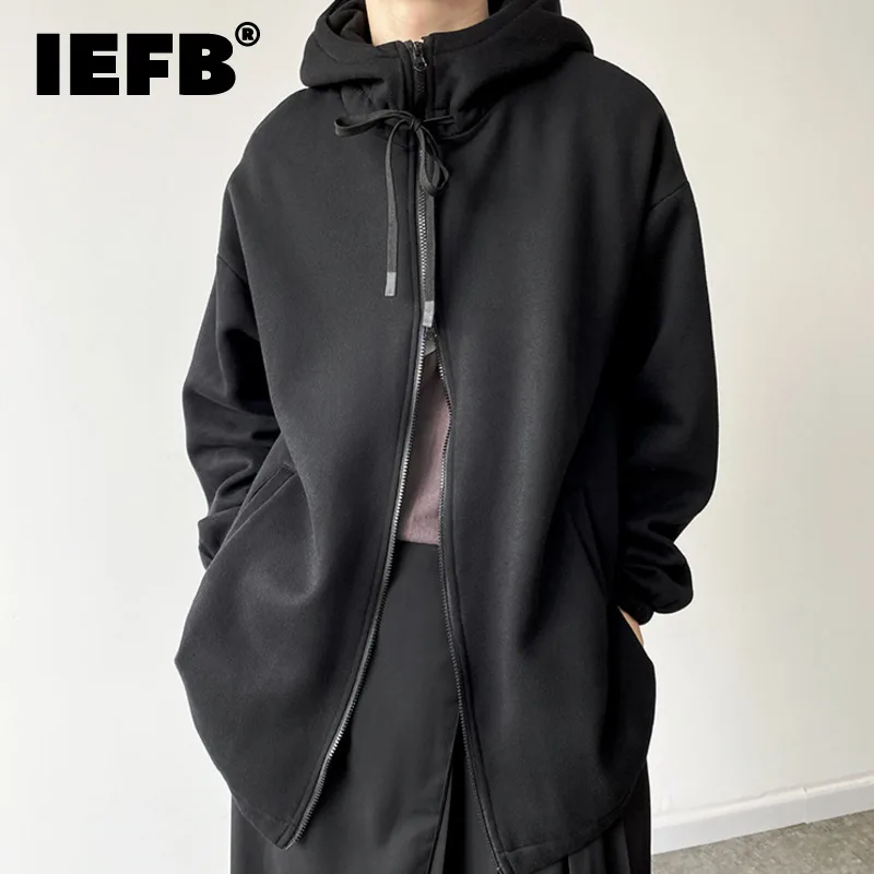 

Модная мужская одежда IEFB с капюшоном, женская блузка на молнии, новинка 2021, свободная утепленная черная куртка на молнии, осенняя Новинка