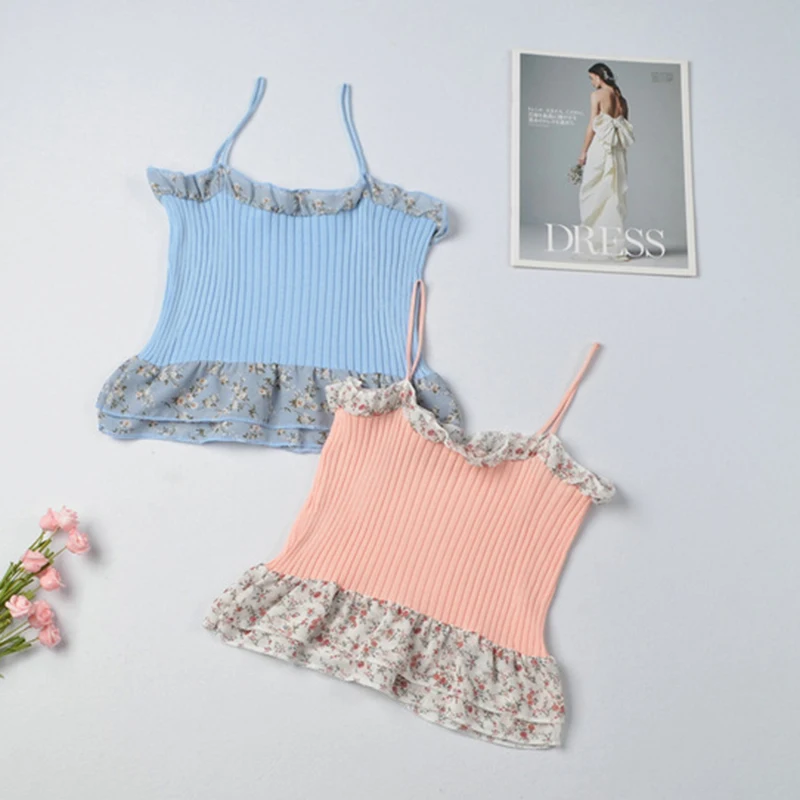 

Women's Sling Floral Printing Stitching Slim Bottoming Vest Top for Summer LL@17