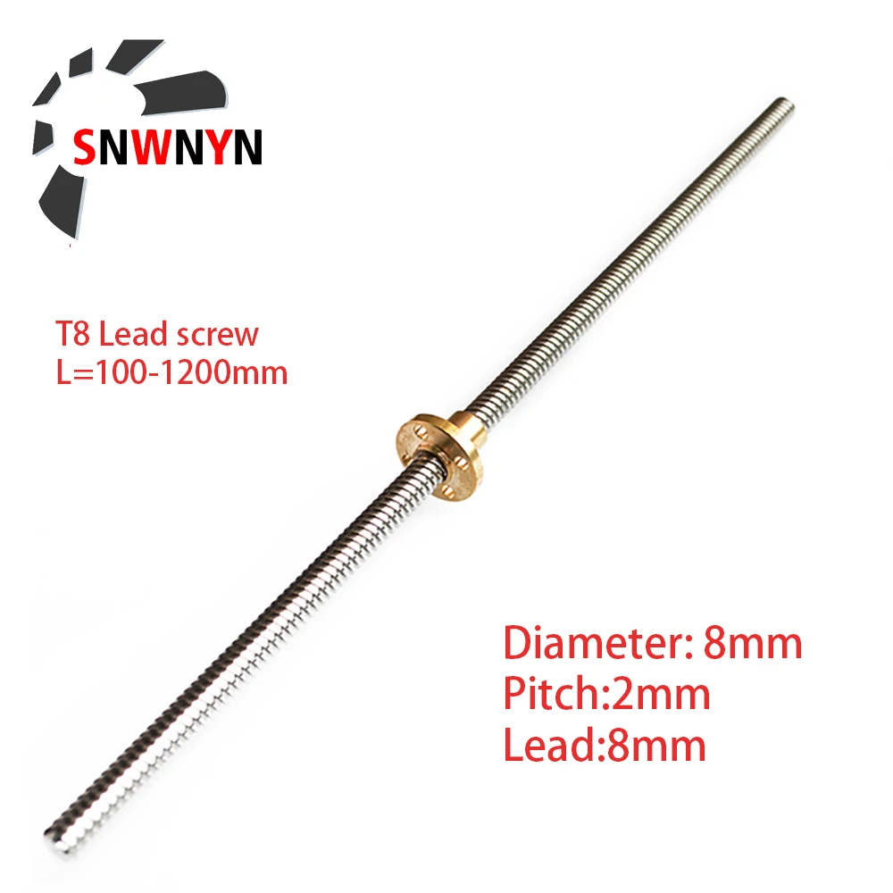 OD 8mm T8 Lead Screw Pitch 2mm Lead 8mm 150mm 200mm 300mm 350mm 400 500 600 800 1000mm 1200mm With Brass Nut For CNC 3D Printer