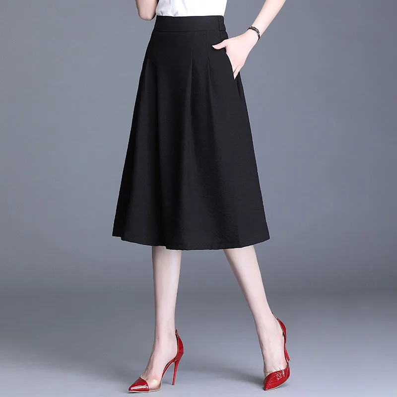 

Black Midi Skirt Women 2021 Summer Fashion Clothing Breathable Cotton Linen Skirts High Waist Simple Elegant Ladies Office Wear