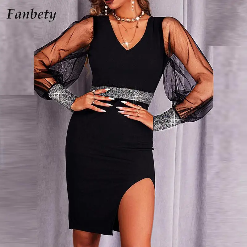 

Женское ажурное вечернее платье, элегантное облегающее платье с V-образным вырезом, повседневные платья с длинным рукавом и разрезом, весна-...