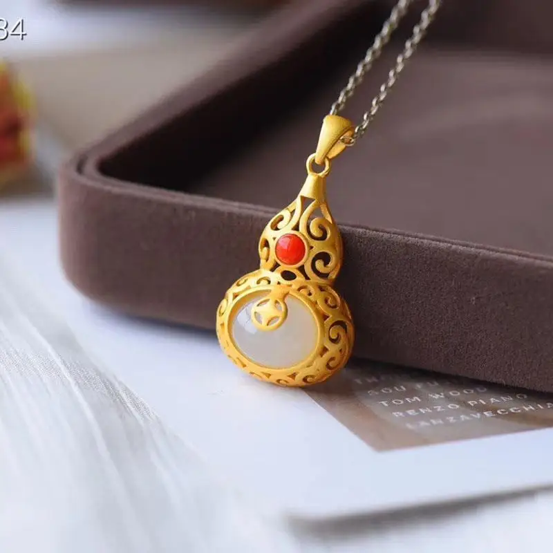 

New S925 Silver Inlaid Hetian Jade Gourd Necklace Pendant Female South Red Embellished Simple Fashion Gilding Craft