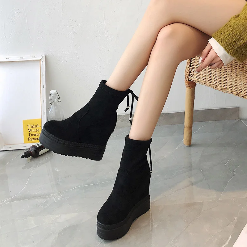 ankle boots Женские сапоги выше колена; сапоги на высокой танкетке; женская обувь, увеличивающая рост; сезон осень-зима; эластичные женские сапоги на каблуке - Цвет: ankle boots