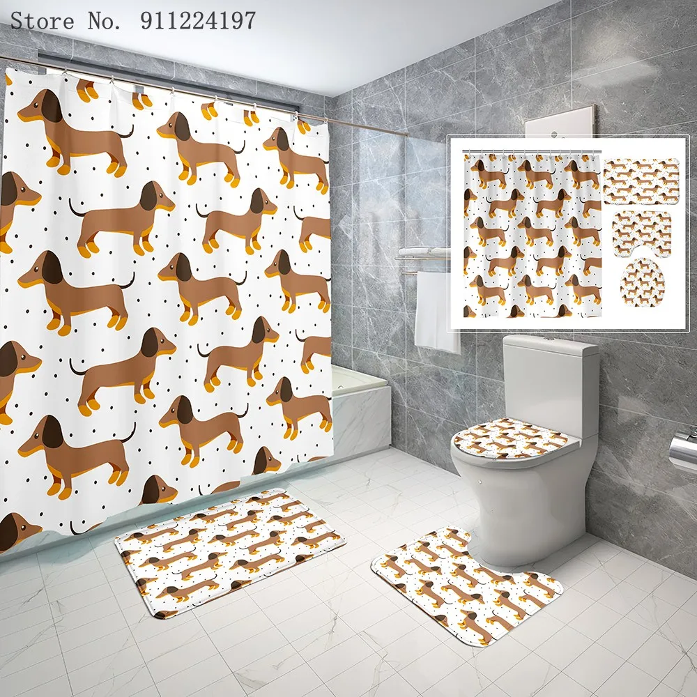 

Cartoon Dog Bear Shower Curtain Floral Animal Pattern Waterproof Bathroom Curtain Anti-slip Bath Mat Set Toilet Rugs Carpet