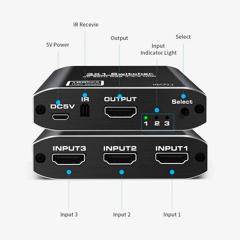 

4K 60Hz HDMI 2.0 Switch 3 In 1 Out HDMI Switcher Splitter Box for PS4 Pro HDTV
