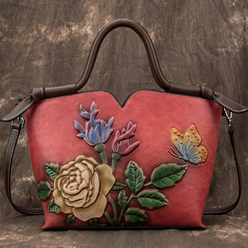 

New Arrive Genuine Leather Luxury Handbags Vintage Simple Large Capacity Women Bag Casual Floral Ladies Shoulder Cross Body Bags