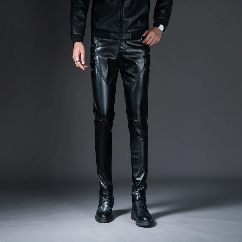 Мужские осенние и зимние брюки из ПУ кожи с бархатной подкладкой | Мужская одежда