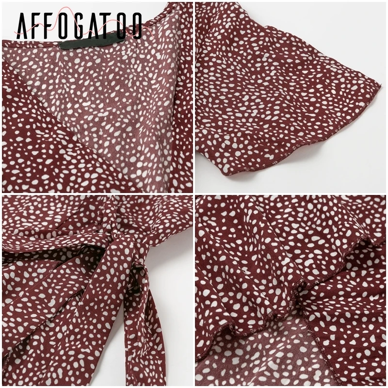 Afogatoo, сексуальное, на шнуровке, с леопардовым принтом, бохо, длинное платье, летнее, женское, повседневное, с v-образным вырезом, с коротким рукавом, в горошек, размера плюс, Пляжное Платье с разрезом