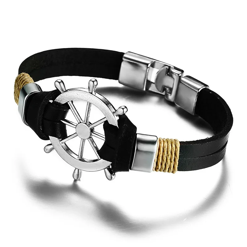 New Vintage Black Brown Alloy Rudder Bracelet Trendy Leather Rope Anchor Ship Rudder Braided Bracelets For Men Fashion Jewelry