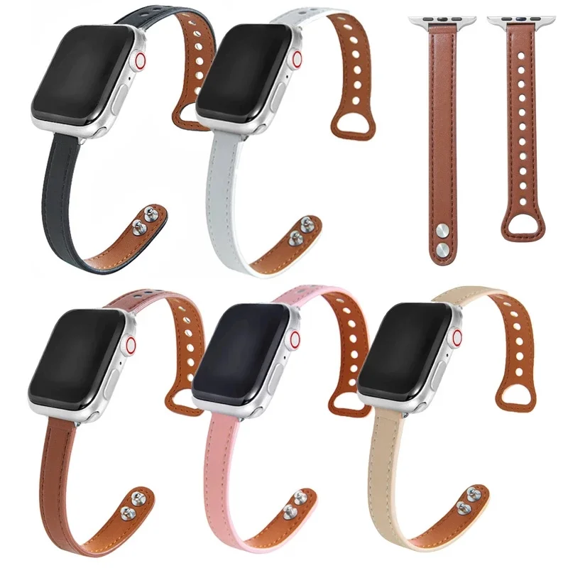

Genuine Leather Metal Buckle Slim Bands for Apple Watch Series 7 6 SE 5 4 3 41MM 38MM Strap Bracelet for iWatch 4 40 44MM Women