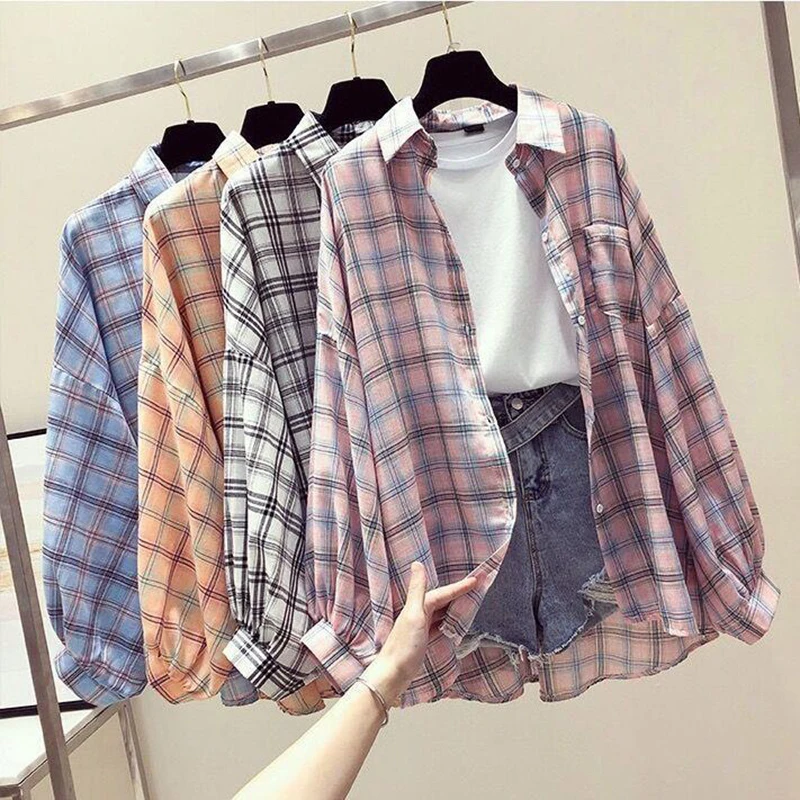 

Korean Style Plaid Classic Loose Shirts Blouse Women Daily All-match Cute Student Women Clothing Fashion Vintage Shirt