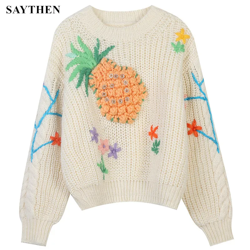 SAYTHEN Version Of The New Autumn And Winter Pineapple Flower Three-Dimensional Embroidery Fresh And Sweet Loose Pullover Lady
