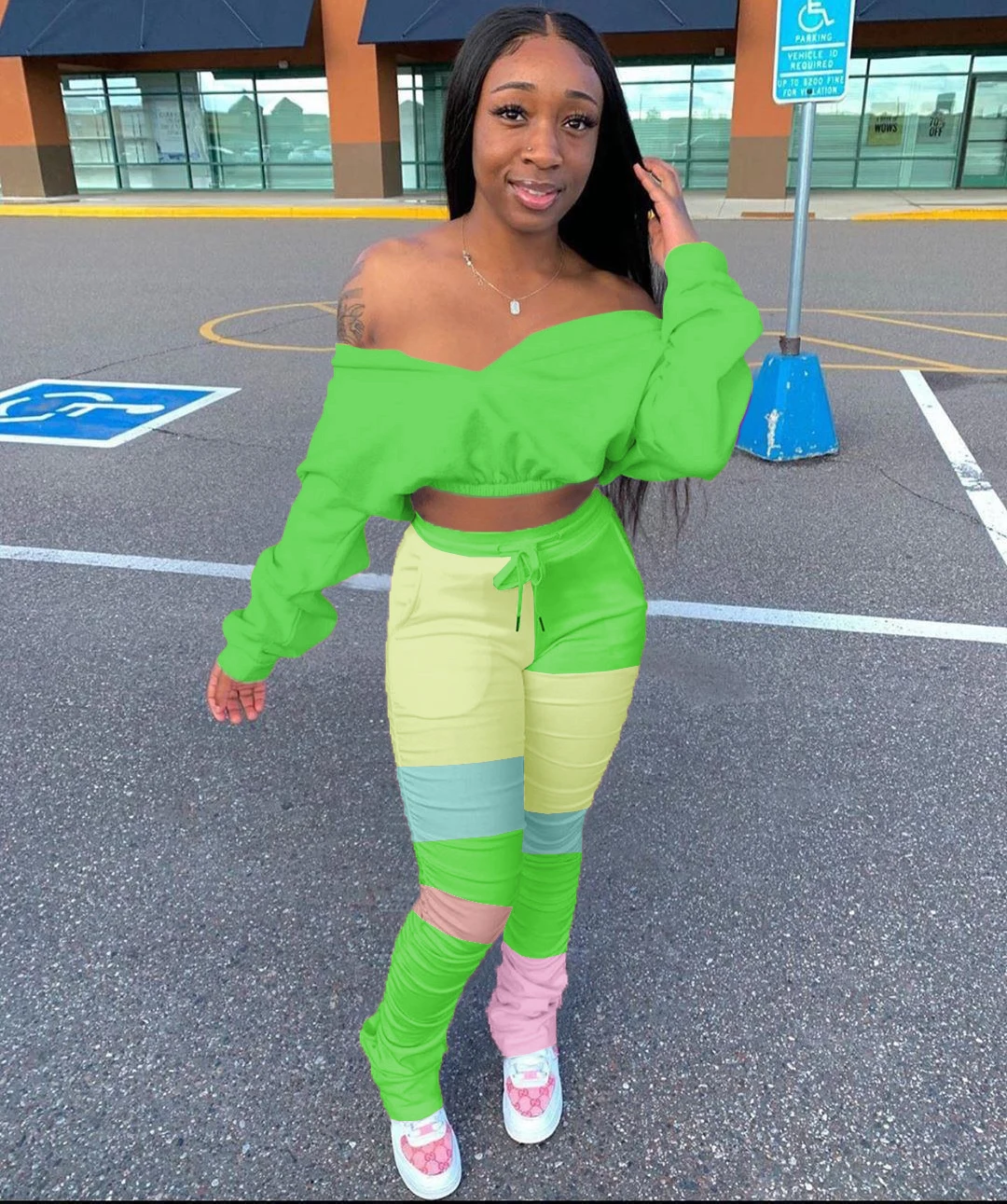 

New Women Casual Clothing Set Solid Color Long Sleeve Off-shoulder Cropped Tops + Drawstring Waist Pleated Trousers