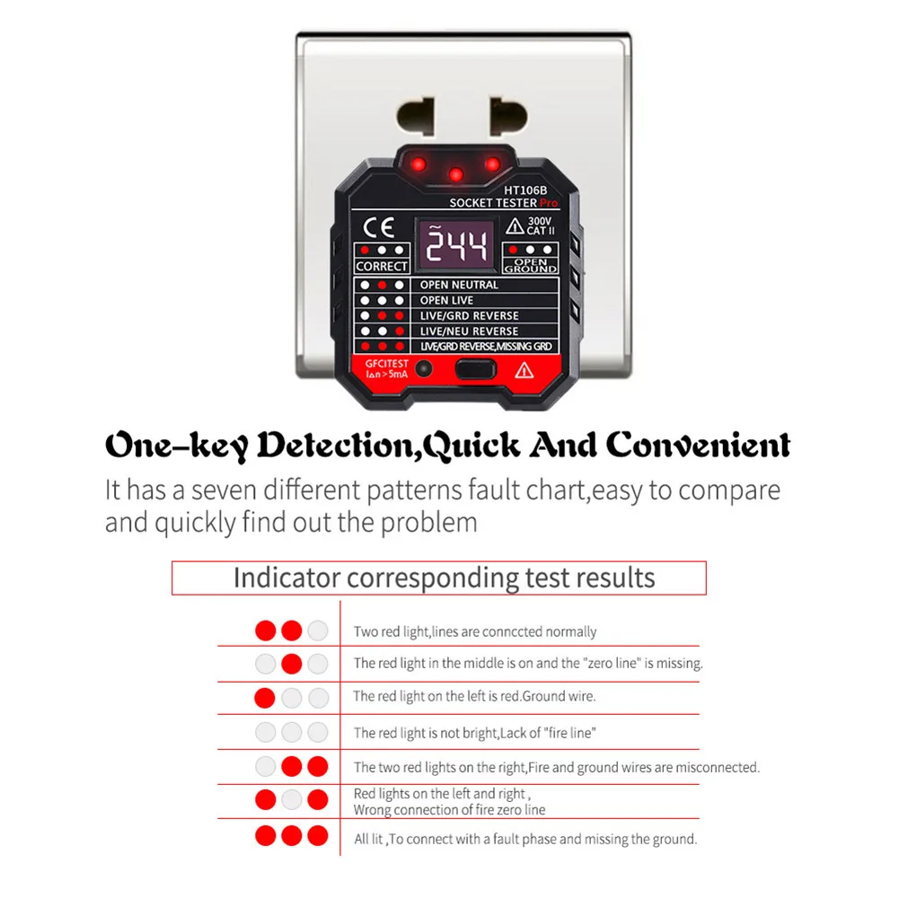 

Electric Socket Tester Electric Leakage Detection Plug and Play for Home Factory HE