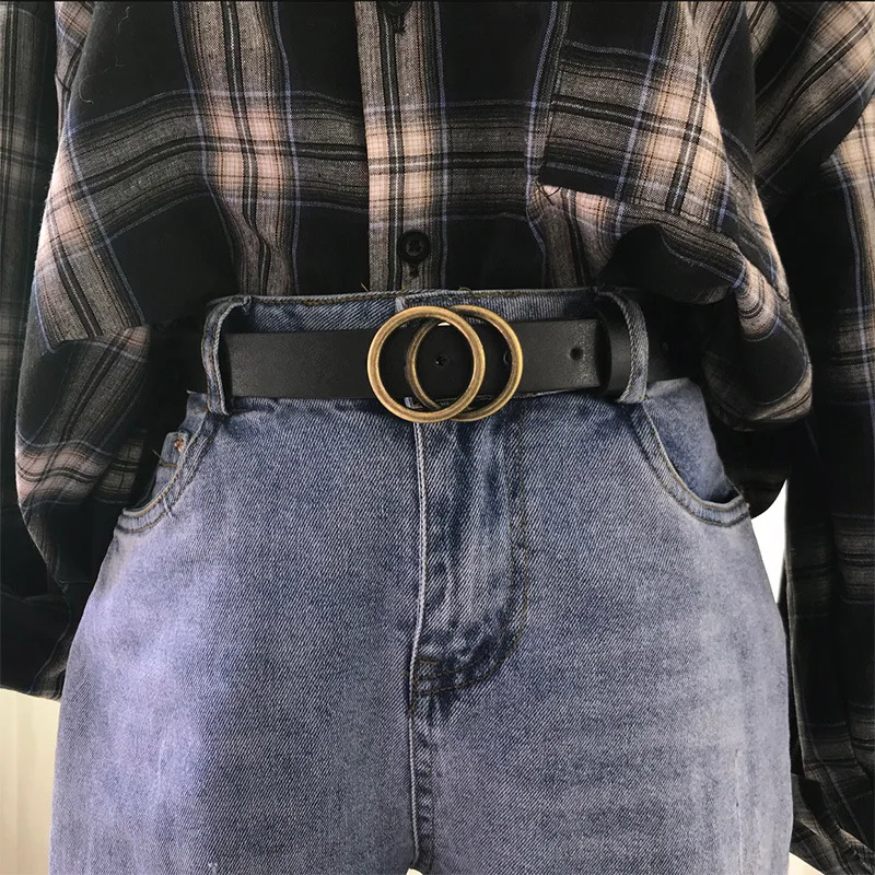 

Women Belts Fashion Classic PU Leather Waist Belt Double Black Gold Silver Round Ring Buckle Adjustable Strap for Jeans Luxury