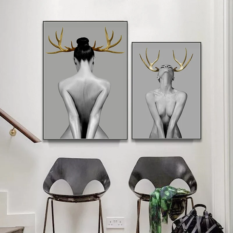 

Modern Canvas Art Posters and Prints Nordic Wall Art Painting Antler Girl Portrait Picture Decorative for Living Room Home Decor