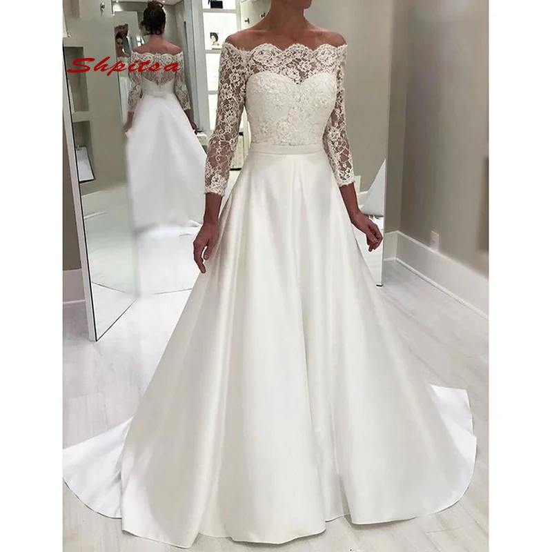 結婚式のためのトルコのレースのロングドレス 大きいサイズ 白 裸の肩 花嫁のための