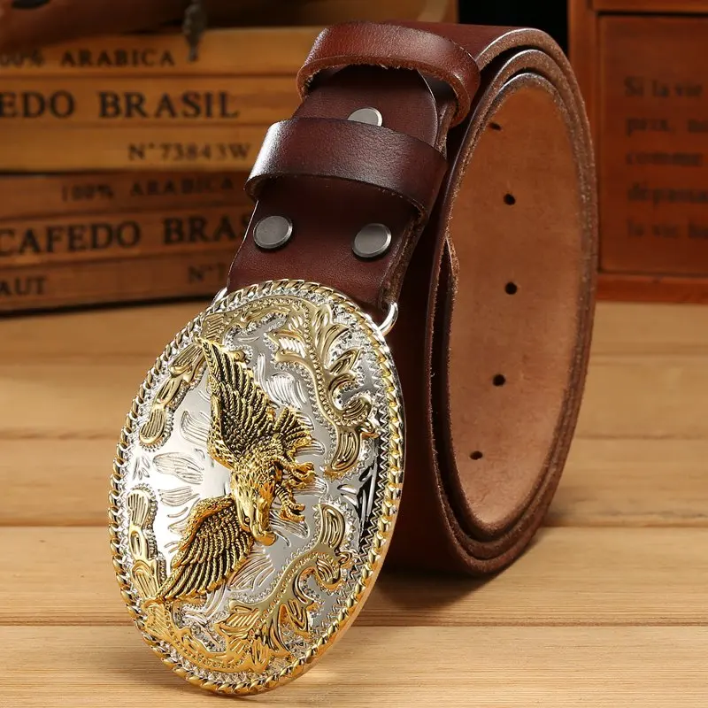 khaki eagle buckle Золотой орел ремень с большой пряжкой из натуральной кожи с натуральным лицевым покрытием из натуральной кожи hawk мужские ремни класса люкс Высокое качество Верблюжий коричневый ковбойский ремень - Цвет: khaki eagle buckle