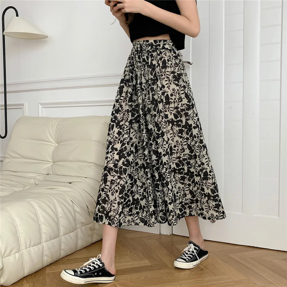 

Summer Skirts Womens 2021 New Vintage Floral Print Skirt Elastic High Waist Casual Midi Skirt Women Clothes Jupe Mujer Faldas