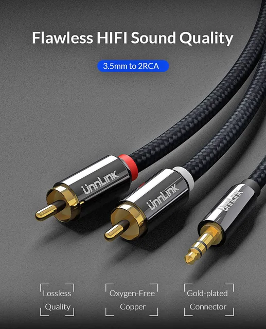 Unnexhaus- Câble audio Hi-Fi 3.5mm vers 2 RCA, 1m, 2m, 3m, 5m, 8m, 10m