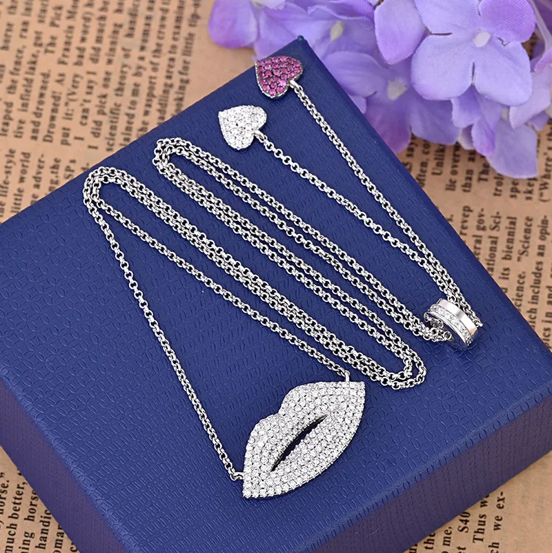 

New Style Red Lips Fashion Adjustable Chain Sparkle Crystal Jewelry Mouth Necklace Pendant Choker Jewelry 2020 Zk30