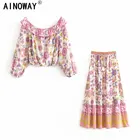 Женский комплект из двух предметов, винтажный шикарный топ с оборками и длинным рукавом, юбка с эластичным поясом в богемном стиле, комплект из 2 предметов из искусственного хлопка в стиле бохо