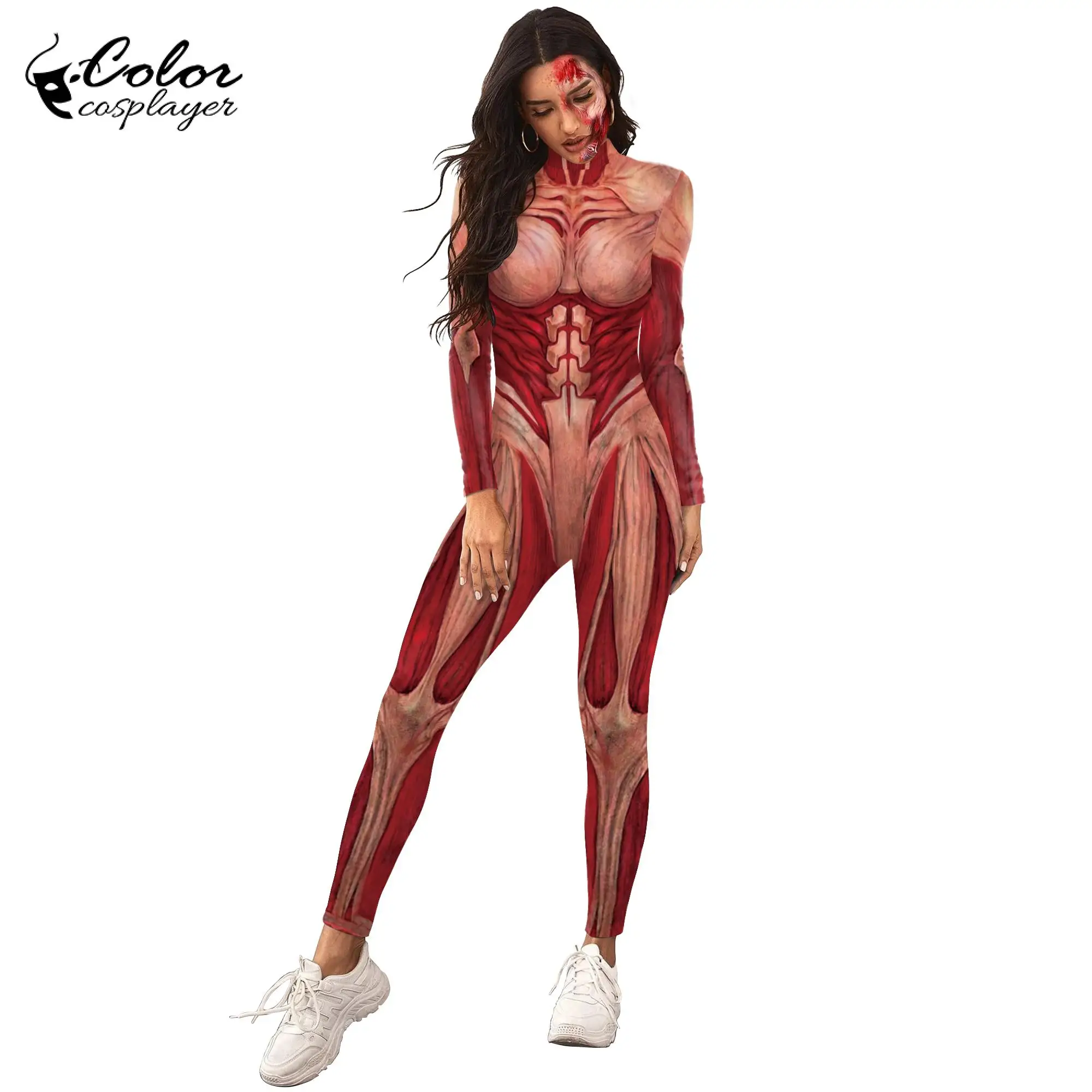 

Attacking Giant Human Body Skeleton Muscles Cosplay Costume Zentai Catsuit 3D Digital Printing Outfits Women Zipper Bodysuit