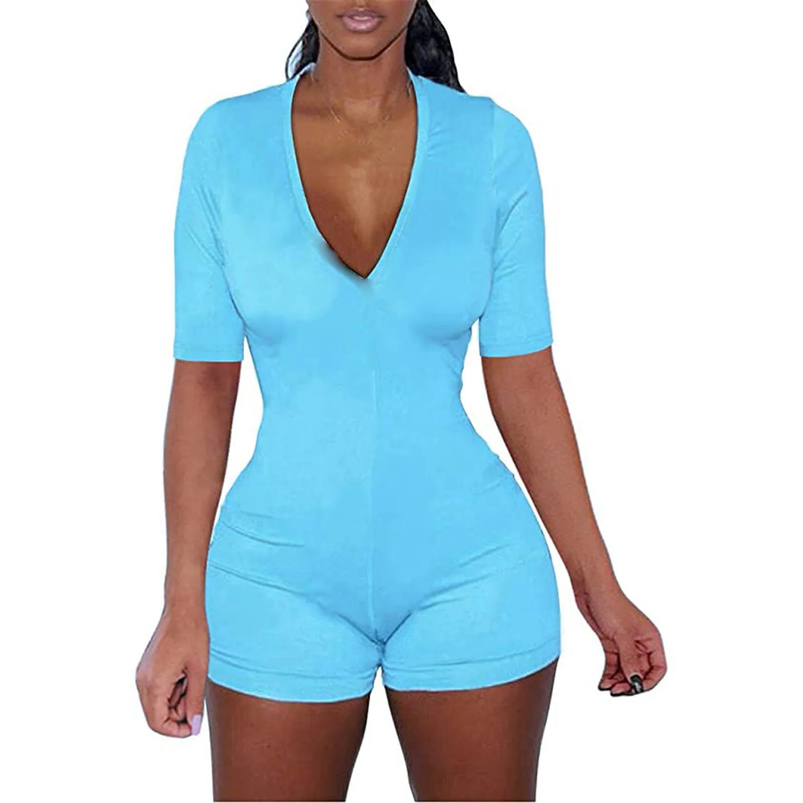 

2021 New Fashion Women Solid Bodysuits Short Sleeve jumpsuits One-piece Adult Pajamas Onesies Femme Sleepwear DSMTRC 5 Colors
