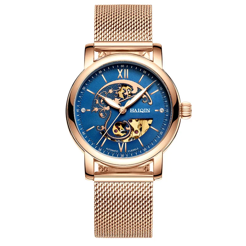 Gold Blue HAIQIN автоматические женские часы лучший бренд класса люкс Женские Механические женские наручные часы кожаные водонепроницаемые часы Relogio Feminino - Цвет: Gold Blue